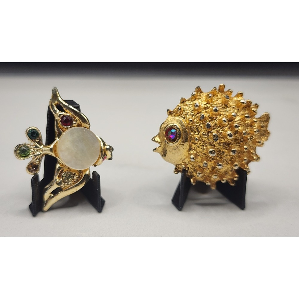 Vintage Gold Tone Puffer Fish & Tropical Fish Brooch Set Rhinestone Accents